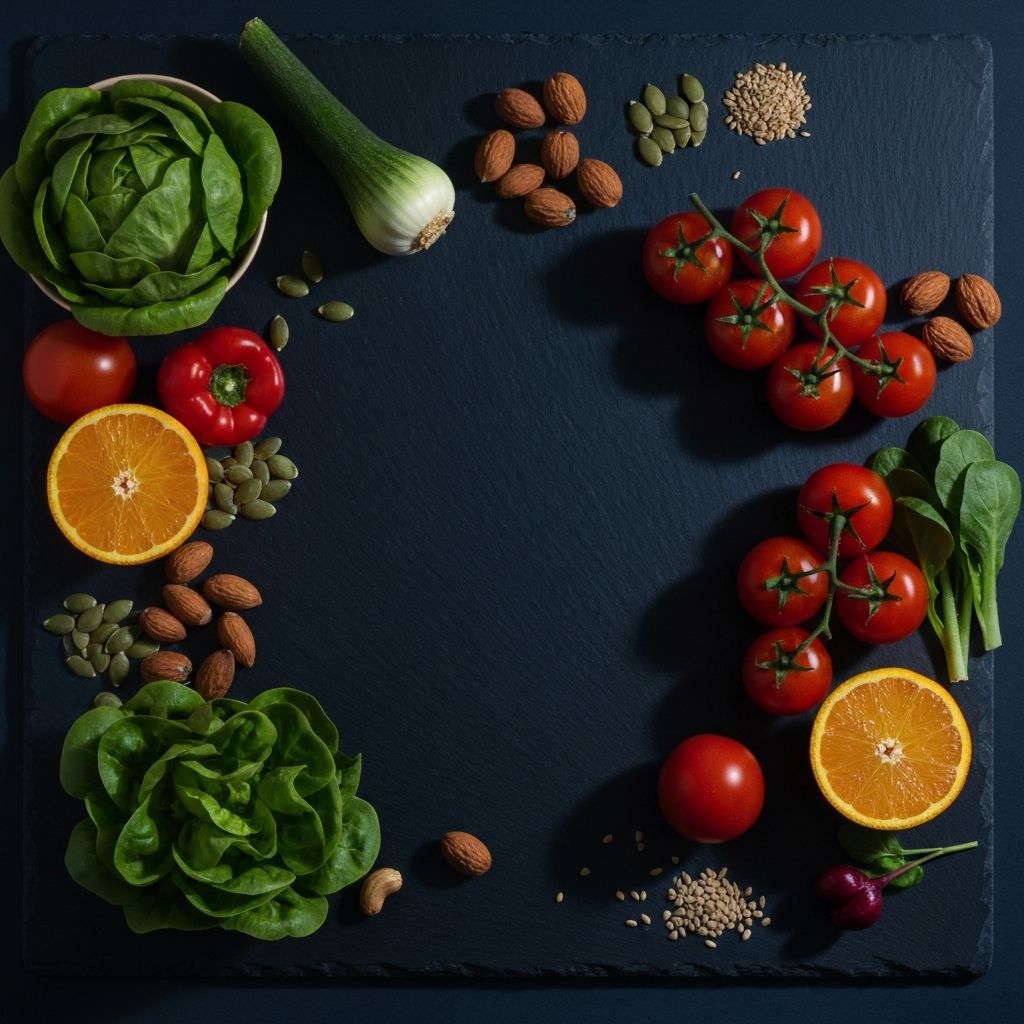 Ästhetische Anordnung von frischem Gemüse, Früchten, Nüssen und Samen auf dunklem Untergrund