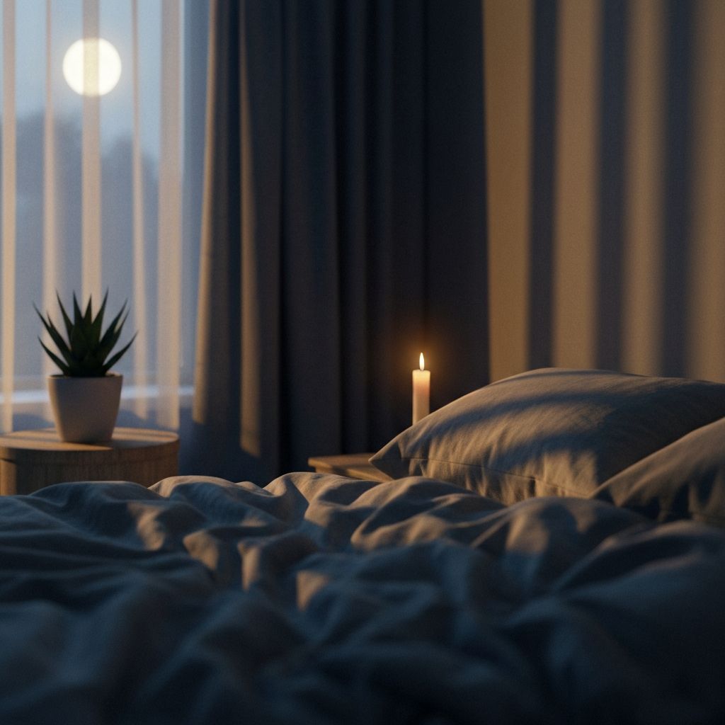 Ruhiges Schlafzimmer mit weichem Mondlicht – Symbol für Erholung und Vitalität